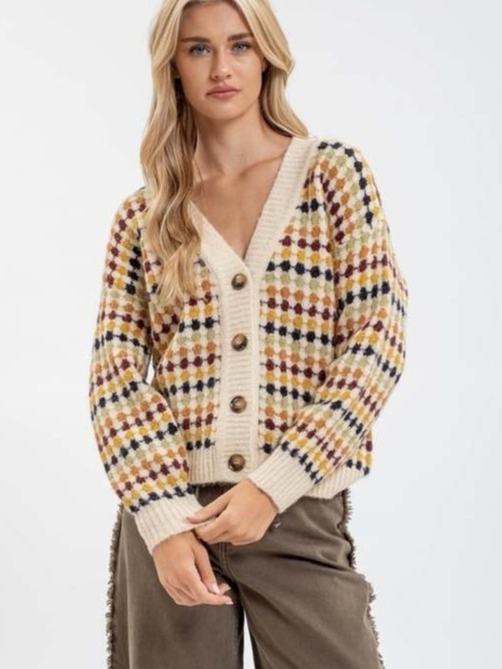Blu Pepper Cozy Cream Multicolor V-Neck Button Cardigan Sweater | Small